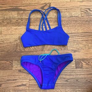 Blue Jolyn bikini. Full coverage bottoms. Double strap design.